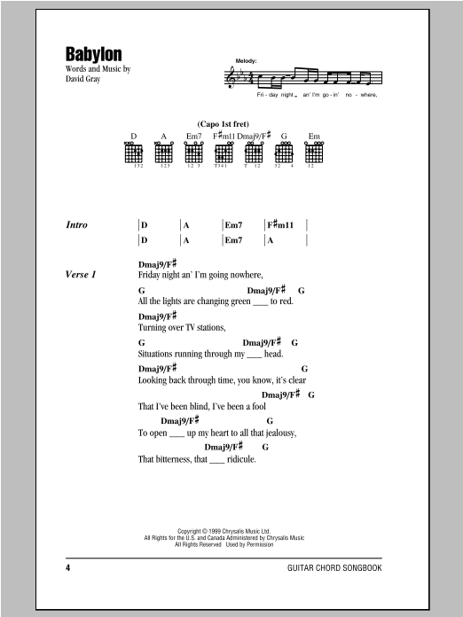 Download David Gray Babylon sheet music and printable PDF score & Pop music notes