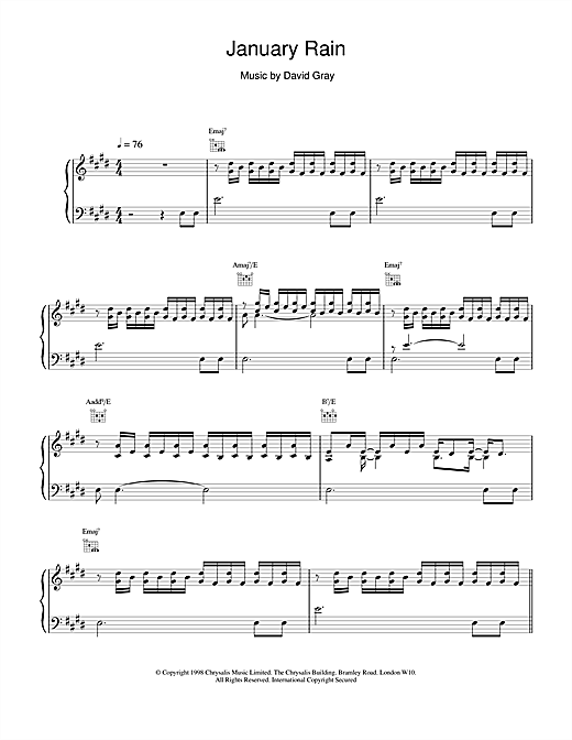 Preview David Gray January Rain Rock sheet music, notes and chords for Piano, Vocal & Guitar, SKU: 18459 sheet music, piano notes, chords, guitar tabs, score, transpose, transcribe, how to play, guide, download, learn, tutorial, progression, song, artist, awards, billboard, mtv, vh1, tour, single, album, release