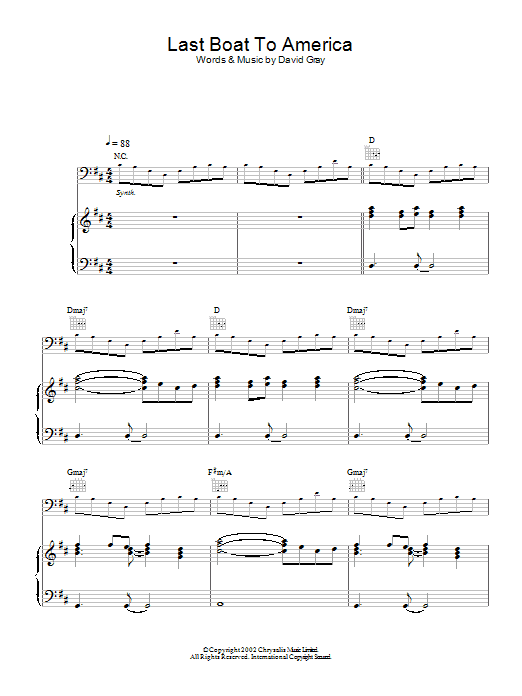 Preview David Gray Last Boat To America Pop sheet music, notes and chords for Piano, Vocal & Guitar, SKU: 22016 Download David Gray Last Boat To America sheet music and printable PDF score & Pop music notes
