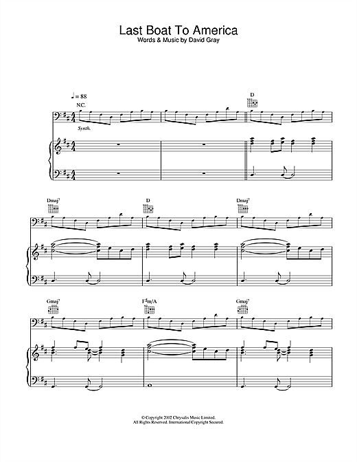 Preview David Gray Last Boat To America Pop sheet music, notes and chords for Piano, Vocal & Guitar, SKU: 22016 sheet music, piano notes, chords, guitar tabs, score, transpose, transcribe, how to play, guide, download, learn, tutorial, progression, song, artist, awards, billboard, mtv, vh1, tour, single, album, release