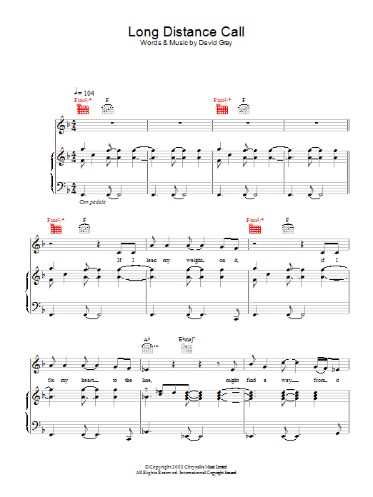 Preview David Gray Long Distance Call Pop sheet music, notes and chords for Piano, Vocal & Guitar, SKU: 22010 Download David Gray Long Distance Call sheet music and printable PDF score & Pop music notes