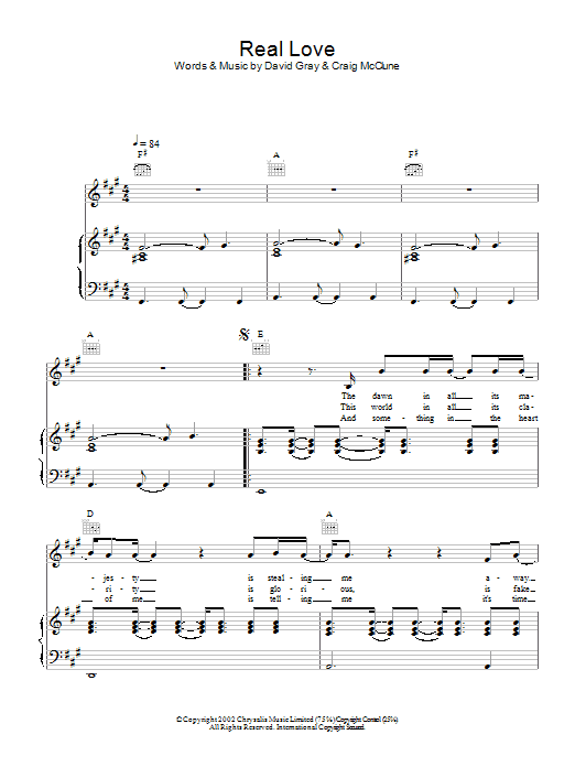 Preview David Gray Real Love Pop sheet music, notes and chords for Piano, Vocal & Guitar, SKU: 22011 Download David Gray Real Love sheet music and printable PDF score & Pop music notes