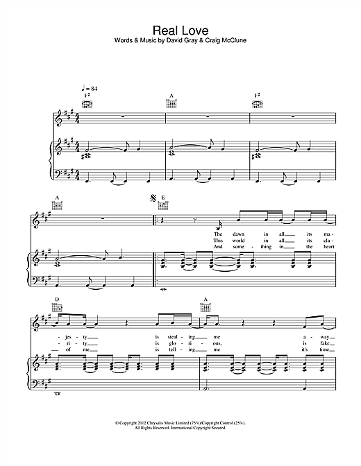 Preview David Gray Real Love Pop sheet music, notes and chords for Piano, Vocal & Guitar, SKU: 22011 sheet music, piano notes, chords, guitar tabs, score, transpose, transcribe, how to play, guide, download, learn, tutorial, progression, song, artist, awards, billboard, mtv, vh1, tour, single, album, release