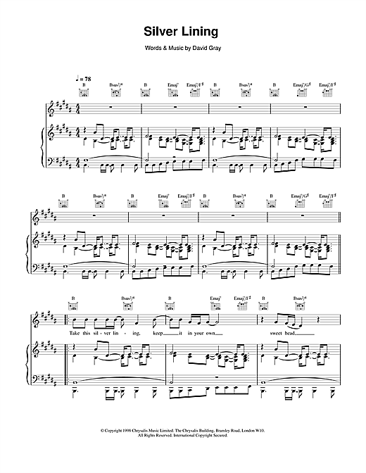 Preview David Gray Silver Lining Pop sheet music, notes and chords for Piano, Vocal & Guitar, SKU: 14605 sheet music, piano notes, chords, guitar tabs, score, transpose, transcribe, how to play, guide, download, learn, tutorial, progression, song, artist, awards, billboard, mtv, vh1, tour, single, album, release
