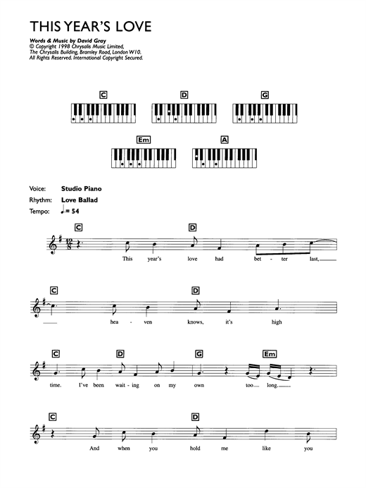Download David Gray This Year's Love sheet music and printable PDF score & Film and TV music notes