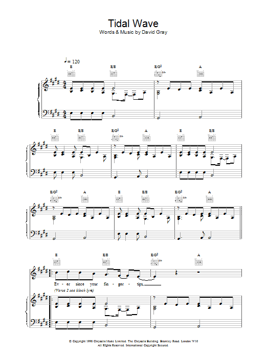 Preview David Gray Tidal Wave Rock sheet music, notes and chords for Piano, Vocal & Guitar, SKU: 18460 Download David Gray Tidal Wave sheet music and printable PDF score & Rock music notes