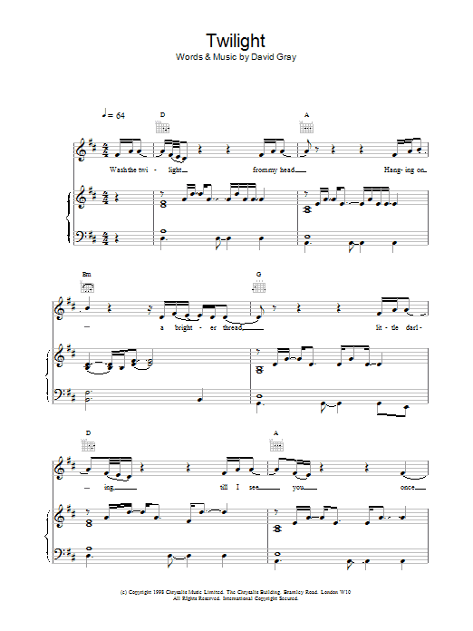 Preview David Gray Twilight Rock sheet music, notes and chords for Piano, Vocal & Guitar, SKU: 18462 Download David Gray Twilight sheet music and printable PDF score & Rock music notes