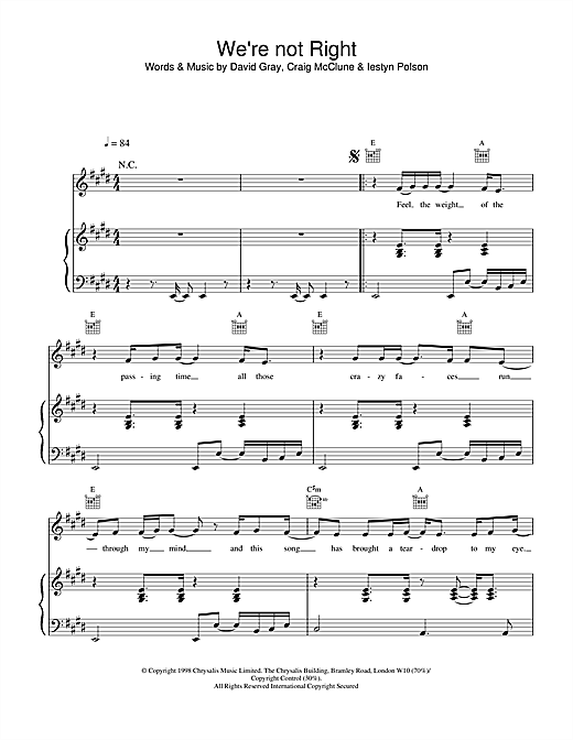Preview David Gray We're Not Right Pop sheet music, notes and chords for Piano, Vocal & Guitar, SKU: 14607 sheet music, piano notes, chords, guitar tabs, score, transpose, transcribe, how to play, guide, download, learn, tutorial, progression, song, artist, awards, billboard, mtv, vh1, tour, single, album, release
