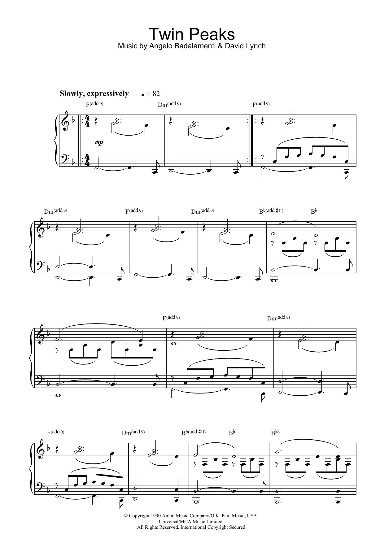 Preview Angelo Badalamenti Theme from Twin Peaks Film and TV sheet music, notes and chords for Piano, SKU: 32275 Download Angelo Badalamenti Theme from Twin Peaks sheet music and printable PDF score & Film and TV music notes
