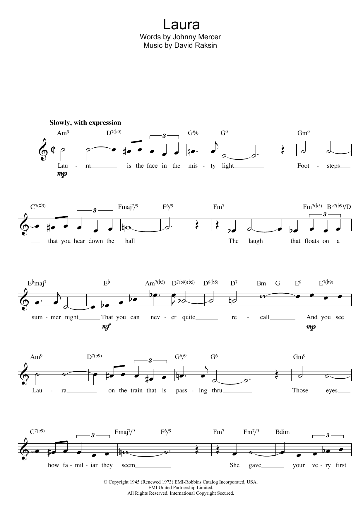 Download David Raksin Laura sheet music and printable PDF score & Pop music notes