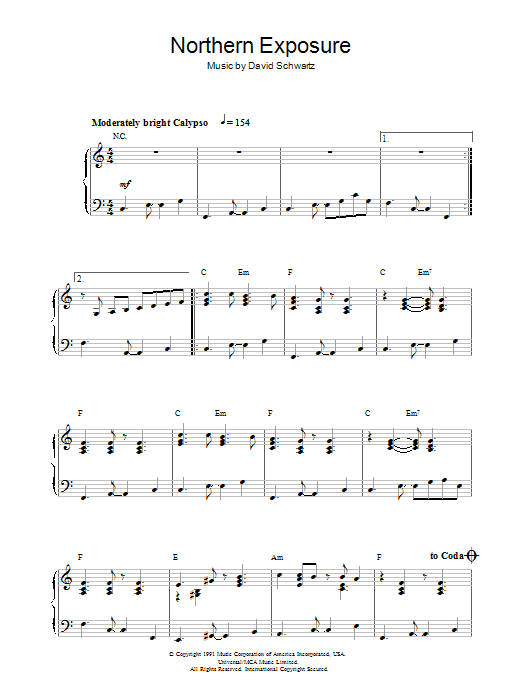 Preview David Schwartz Northern Exposure Film and TV sheet music, notes and chords for Piano, SKU: 32291 Download David Schwartz Northern Exposure sheet music and printable PDF score & Film and TV music notes