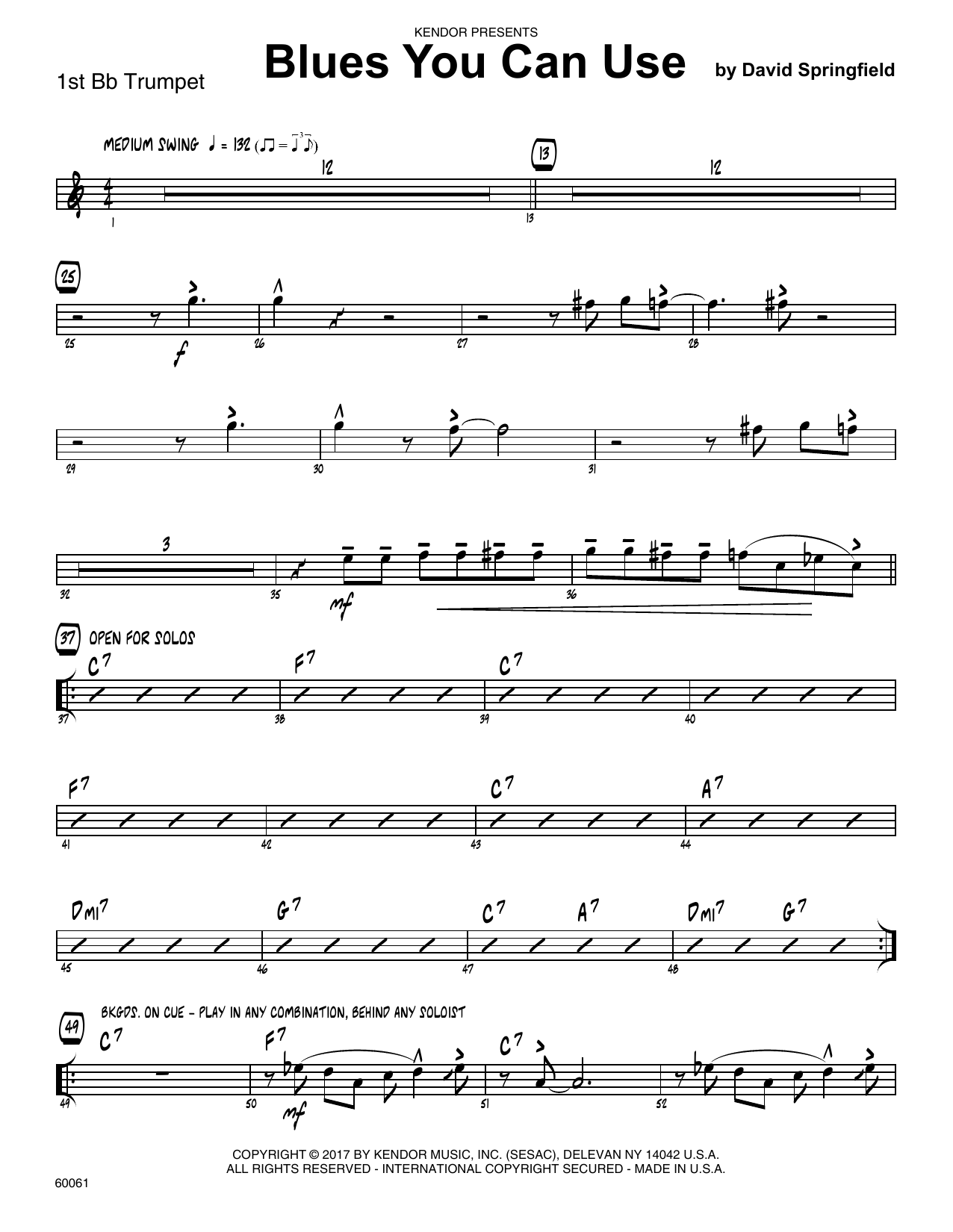 Download David Springfield Blues You Can Use - 1st Bb Trumpet sheet music and printable PDF score & Jazz music notes
