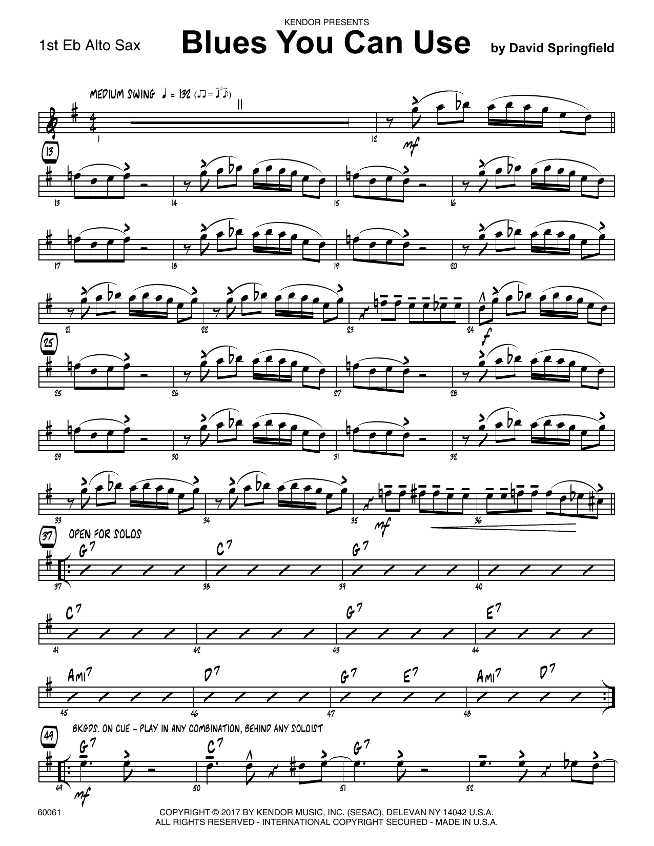 Download David Springfield Blues You Can Use - 1st Eb Alto Saxophone sheet music and printable PDF score & Jazz music notes