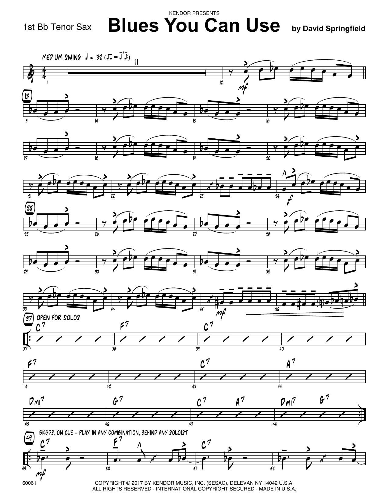 Download David Springfield Blues You Can Use - 1st Tenor Saxophone sheet music and printable PDF score & Jazz music notes
