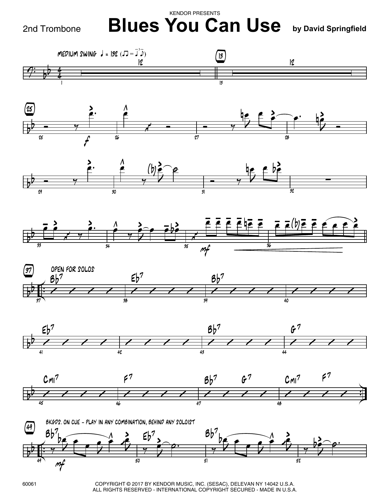 Download David Springfield Blues You Can Use - 2nd Trombone sheet music and printable PDF score & Jazz music notes