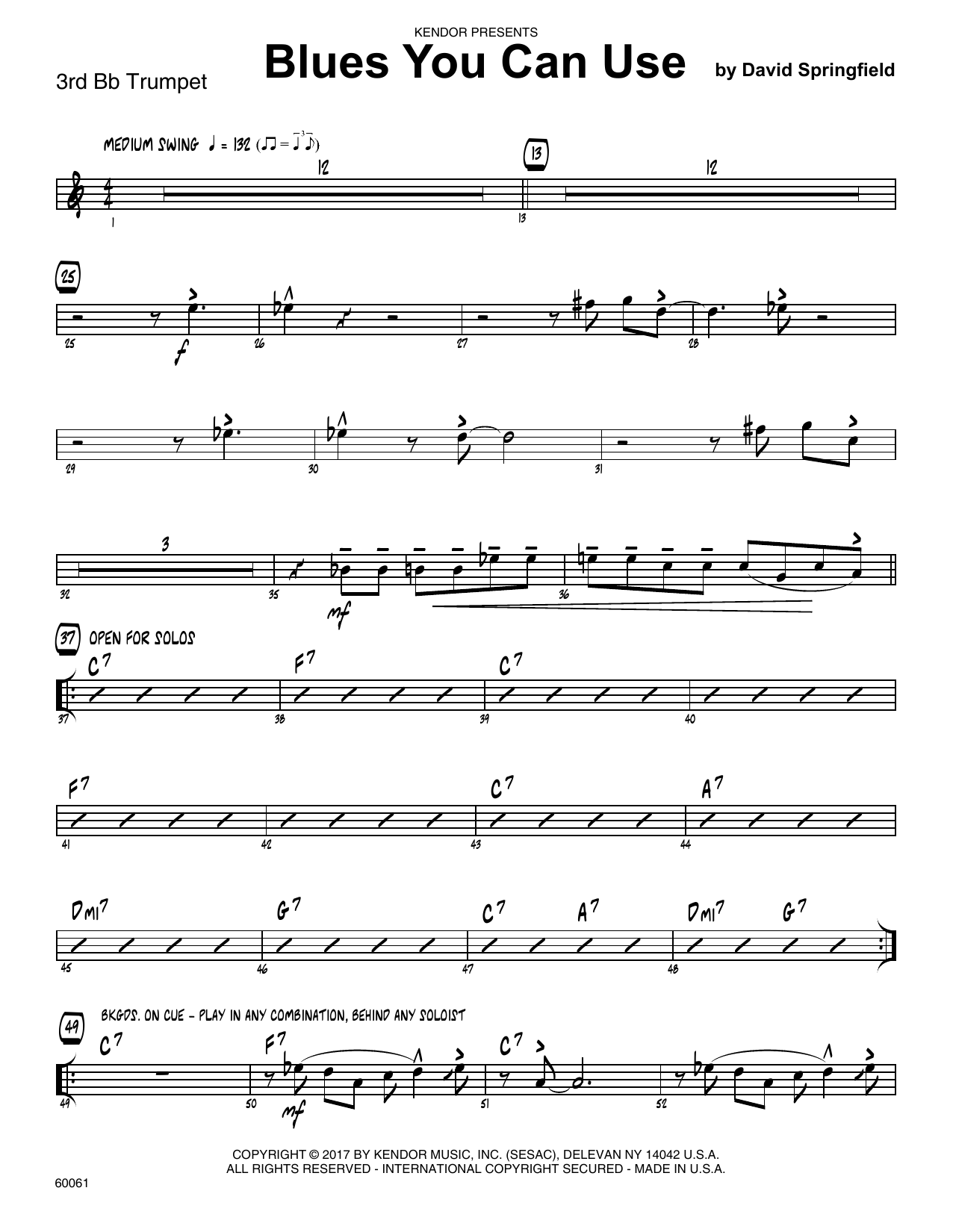 Download David Springfield Blues You Can Use - 3rd Bb Trumpet sheet music and printable PDF score & Jazz music notes