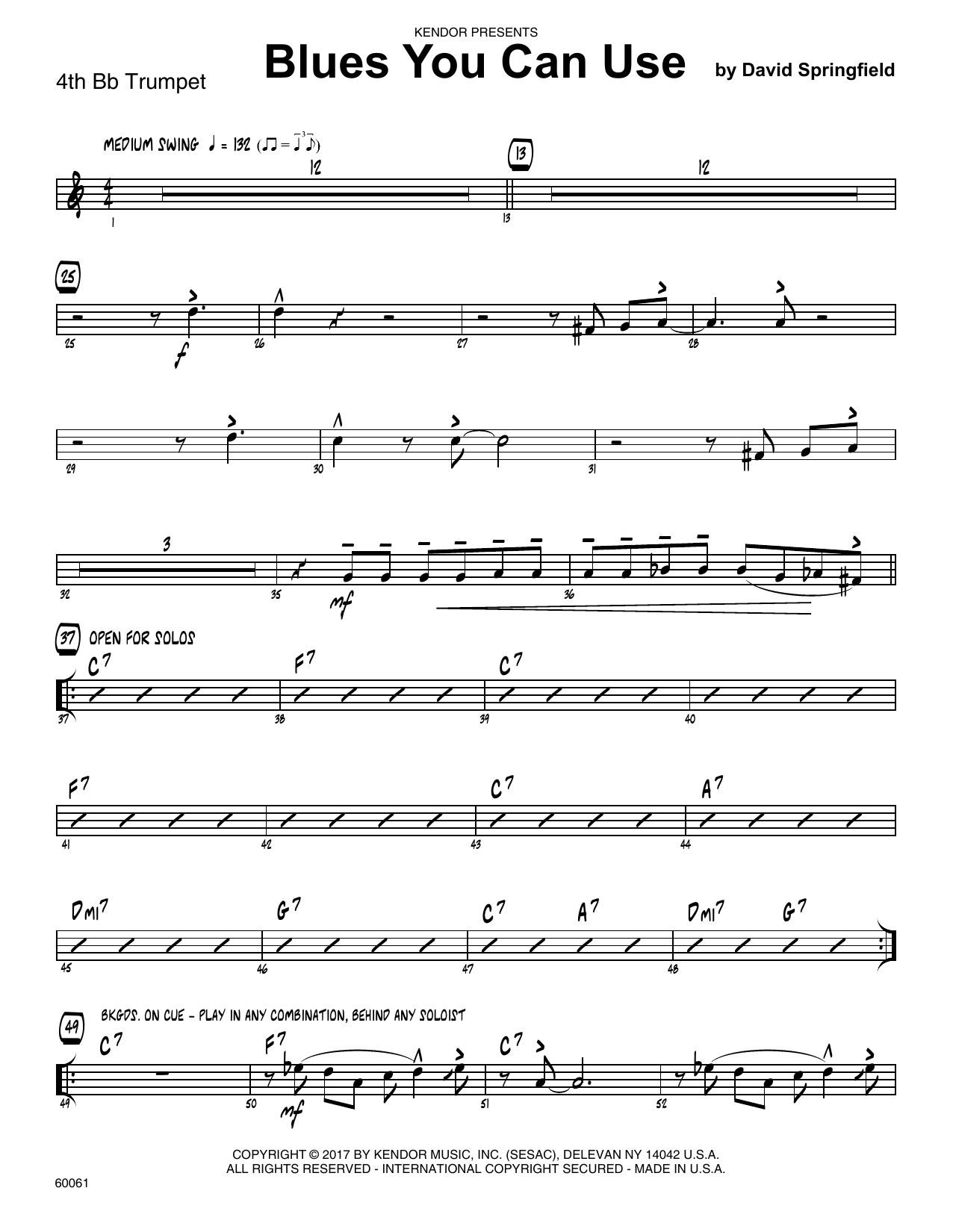 Download David Springfield Blues You Can Use - 4th Bb Trumpet sheet music and printable PDF score & Jazz music notes