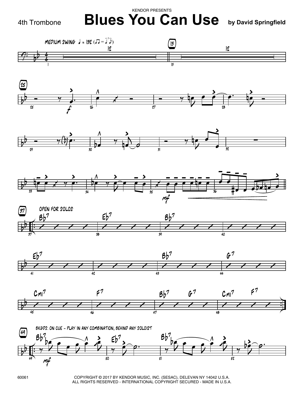 Download David Springfield Blues You Can Use - 4th Trombone sheet music and printable PDF score & Jazz music notes