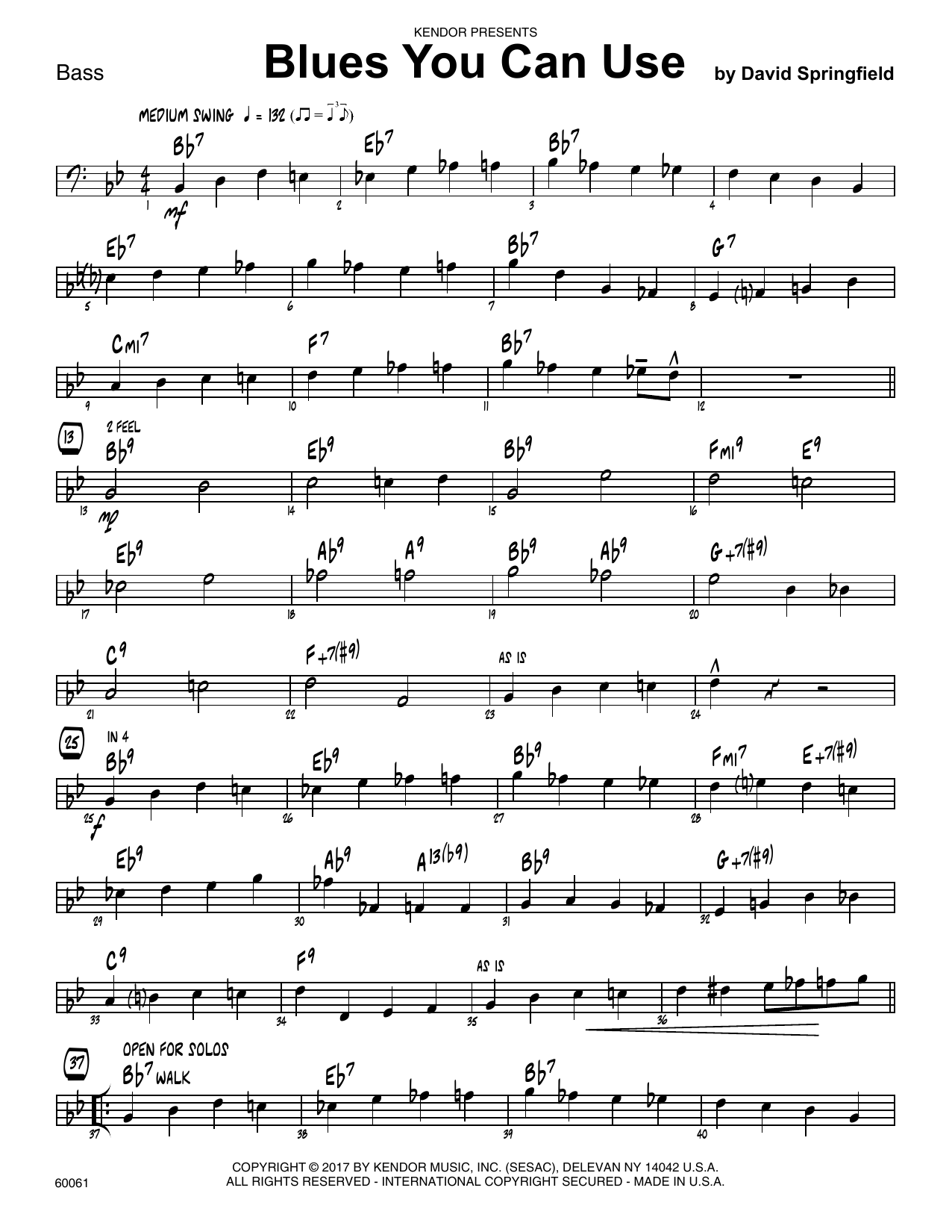 Download David Springfield Blues You Can Use - Bass sheet music and printable PDF score & Jazz music notes