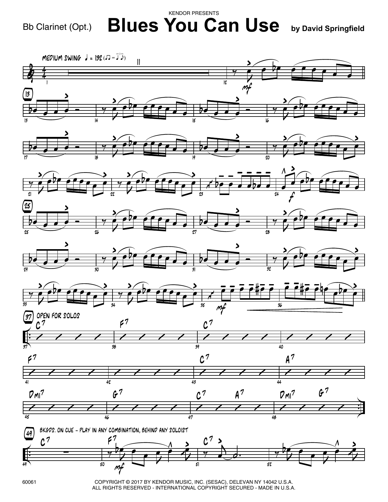 Download David Springfield Blues You Can Use - Bb Clarinet sheet music and printable PDF score & Jazz music notes