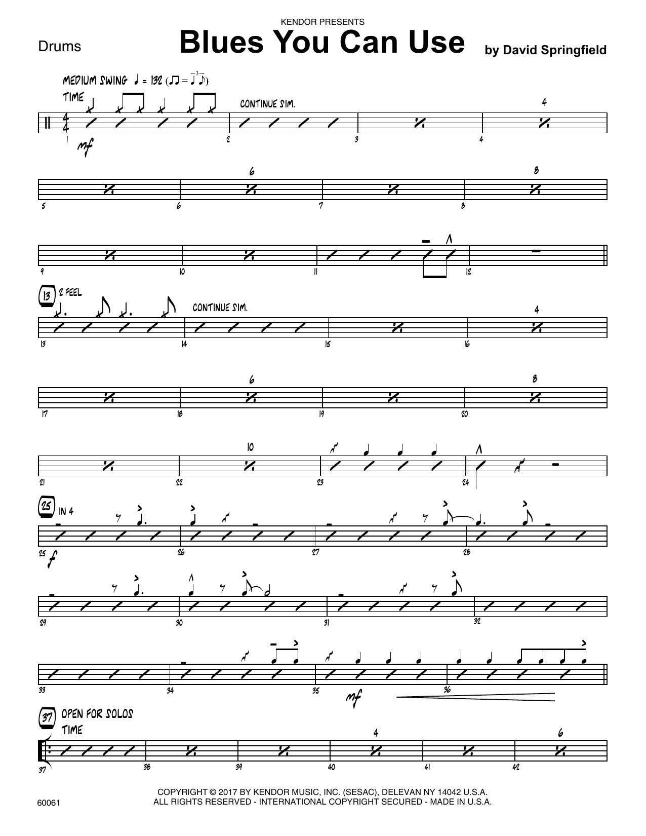 Download David Springfield Blues You Can Use - Drum Set sheet music and printable PDF score & Jazz music notes