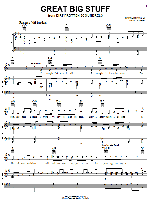 Preview David Yazbek Great Big Stuff Musicals sheet music, notes and chords for Piano & Vocal, SKU: 63186 Download David Yazbek Great Big Stuff sheet music and printable PDF score & Musicals music notes