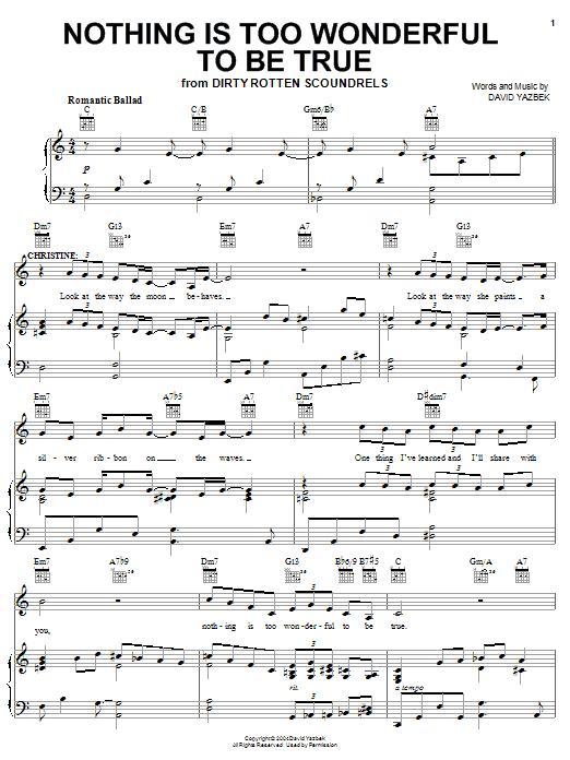 Preview David Yazbek Nothing Is Too Wonderful To Be True Musicals sheet music, notes and chords for Piano & Vocal, SKU: 63229 Download David Yazbek Nothing Is Too Wonderful To Be True sheet music and printable PDF score & Musicals music notes
