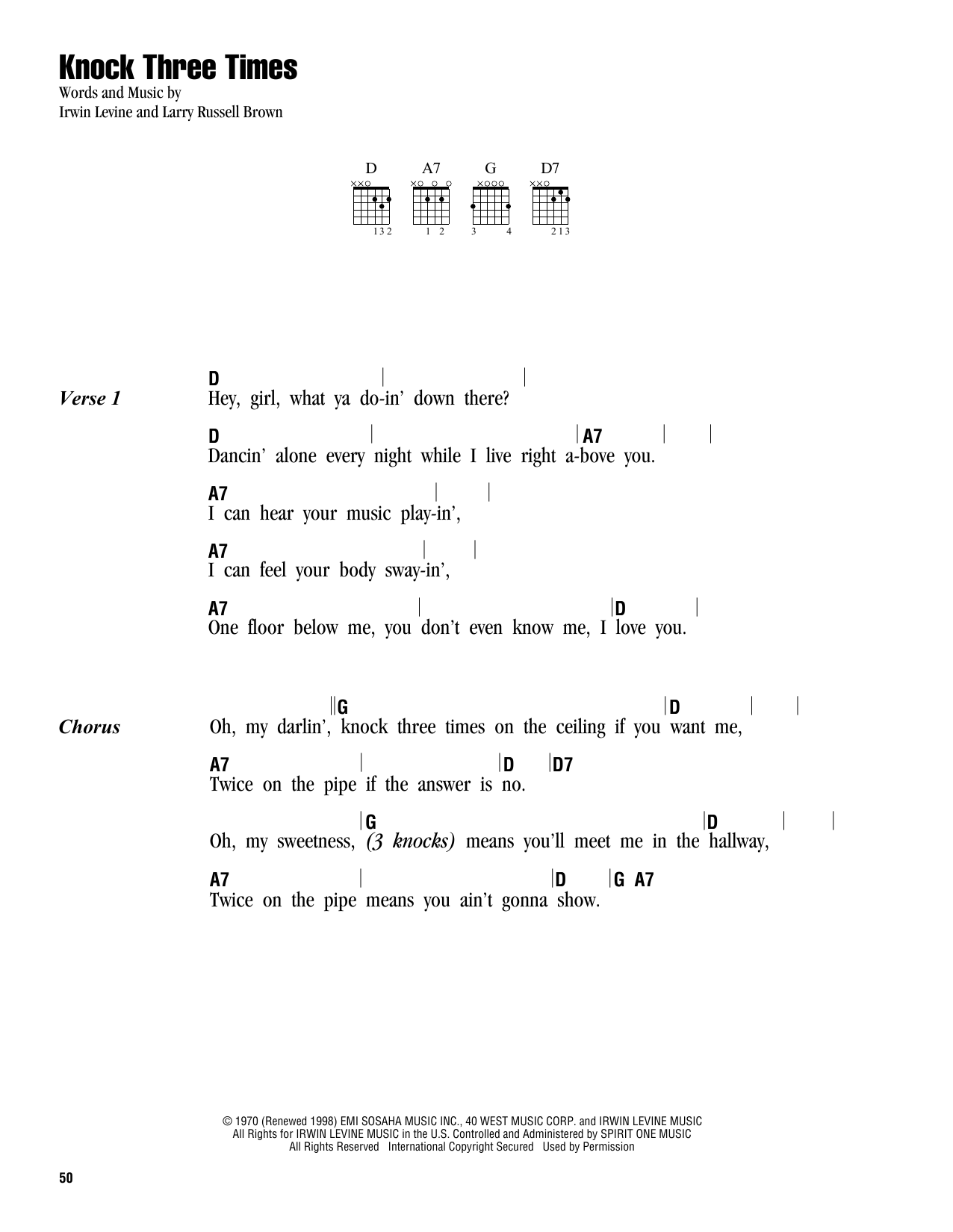 Knock Three Times Sheet Music Notes Dawn Chords Download Rock