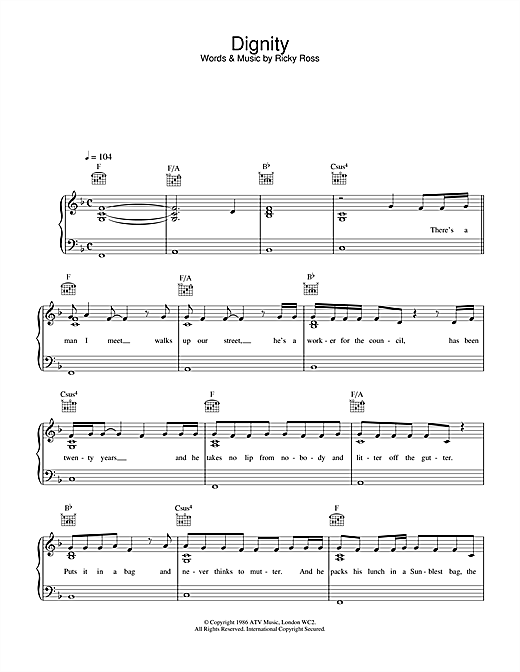 Preview Deacon Blue Dignity Rock sheet music, notes and chords for Piano, Vocal & Guitar (Right-Hand Melody), SKU: 15100 sheet music, piano notes, chords, guitar tabs, score, transpose, transcribe, how to play, guide, download, learn, tutorial, progression, song, artist, awards, billboard, mtv, vh1, tour, single, album, release