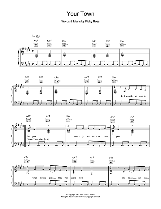 Preview Deacon Blue Your Town Rock sheet music, notes and chords for Piano, Vocal & Guitar (Right-Hand Melody), SKU: 15109 sheet music, piano notes, chords, guitar tabs, score, transpose, transcribe, how to play, guide, download, learn, tutorial, progression, song, artist, awards, billboard, mtv, vh1, tour, single, album, release