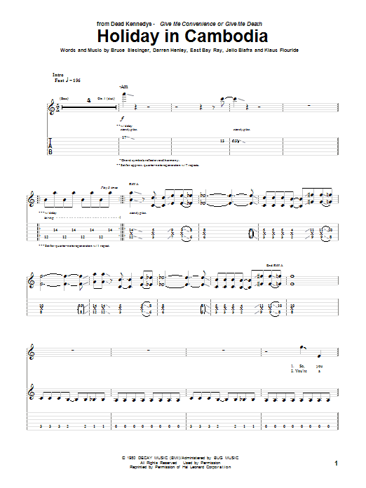 Preview Dead Kennedys Holiday In Cambodia Metal sheet music, notes and chords for Guitar Tab, SKU: 69789 Download Dead Kennedys Holiday In Cambodia sheet music and printable PDF score & Metal music notes
