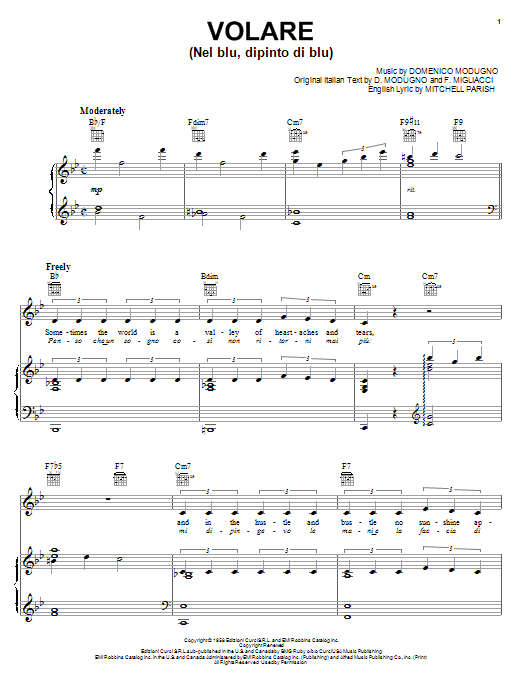 Download Dean Martin Volare (Nel Blu, Dipinto Di Blu) sheet music and printable PDF score & Jazz music notes