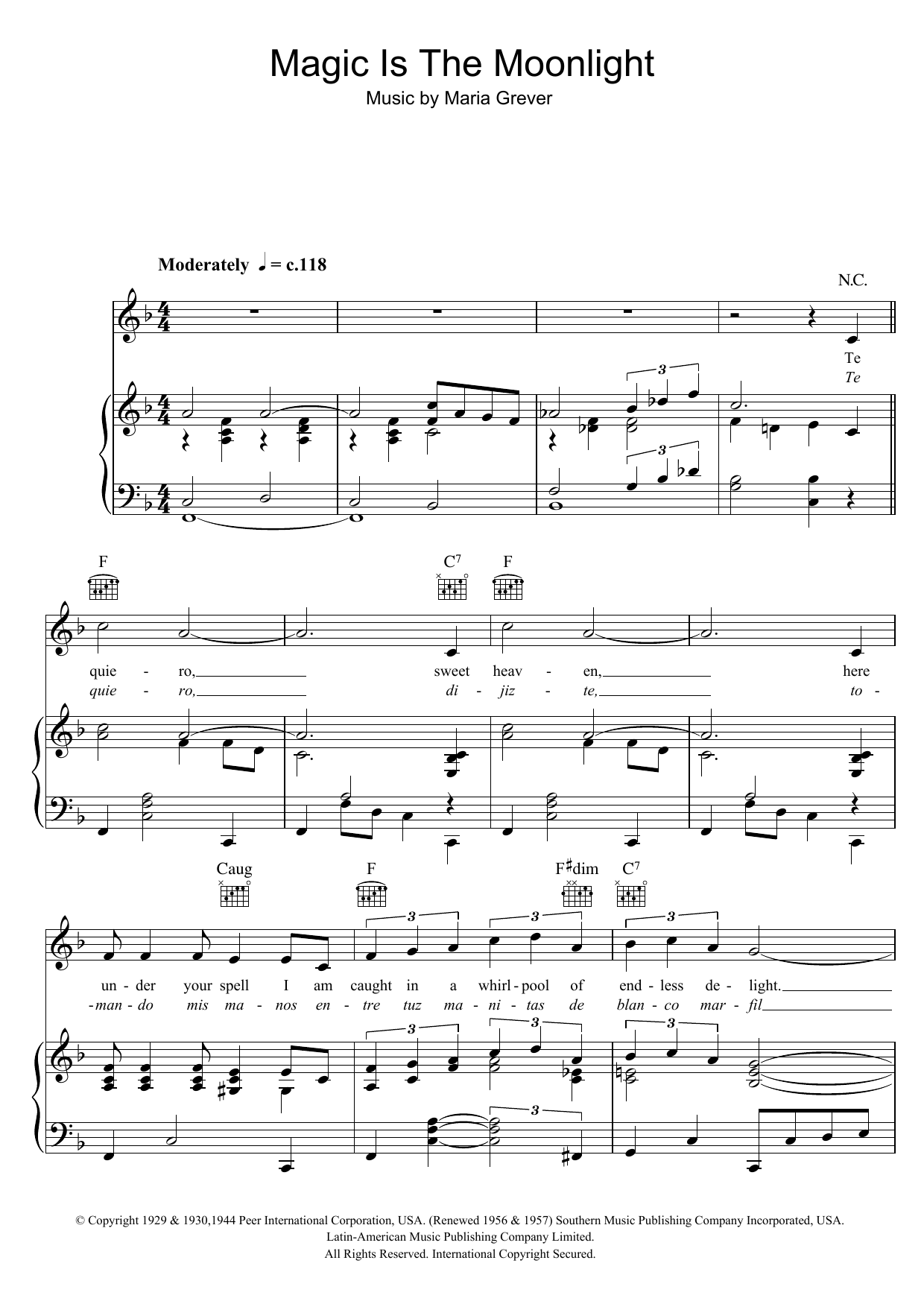 Preview Cliff Richard Magic Is The Moonlight (Te Quiero Dijiste) Latin sheet music, notes and chords for Piano, Vocal & Guitar (Right-Hand Melody), SKU: 47954 Download Cliff Richard Magic Is The Moonlight (Te Quiero Dijiste) sheet music and printable PDF score & Latin music notes