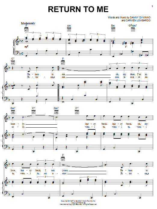 Preview Dean Martin Return To Me Pop sheet music, notes and chords for Easy Piano, SKU: 21507 sheet music, piano notes, chords, guitar tabs, score, transpose, transcribe, how to play, guide, download, learn, tutorial, progression, song, artist, awards, billboard, mtv, vh1, tour, single, album, release