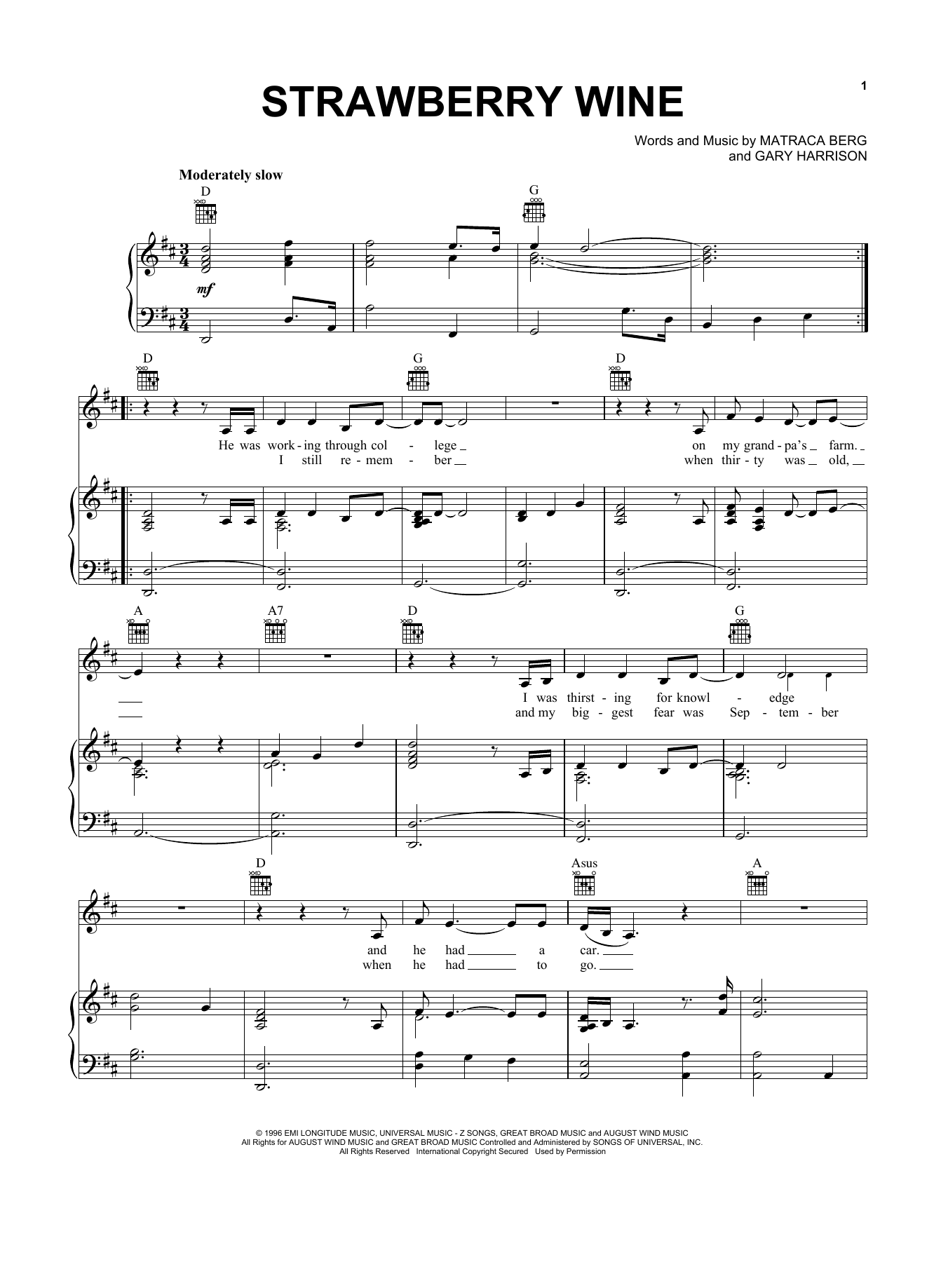 Preview Deana Carter Strawberry Wine Country sheet music, notes and chords for Piano, Vocal & Guitar (Right-Hand Melody), SKU: 21648 Download Deana Carter Strawberry Wine sheet music and printable PDF score & Country music notes