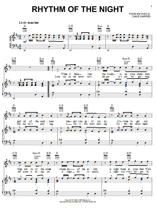 Preview DeBarge Rhythm Of The Night Pop sheet music, notes and chords for Piano, Vocal & Guitar (Right-Hand Melody), SKU: 18163 sheet music, piano notes, chords, guitar tabs, score, transpose, transcribe, how to play, guide, download, learn, tutorial, progression, song, artist, awards, billboard, mtv, vh1, tour, single, album, release