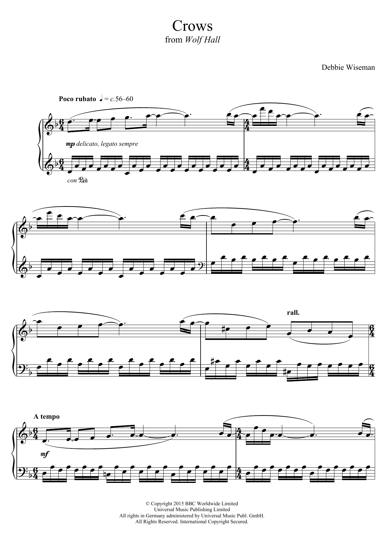Preview Debbie Wiseman Crows (From 'Wolf Hall') Classical sheet music, notes and chords for Piano, SKU: 122961 Download Debbie Wiseman Crows (From 'Wolf Hall') sheet music and printable PDF score & Classical music notes