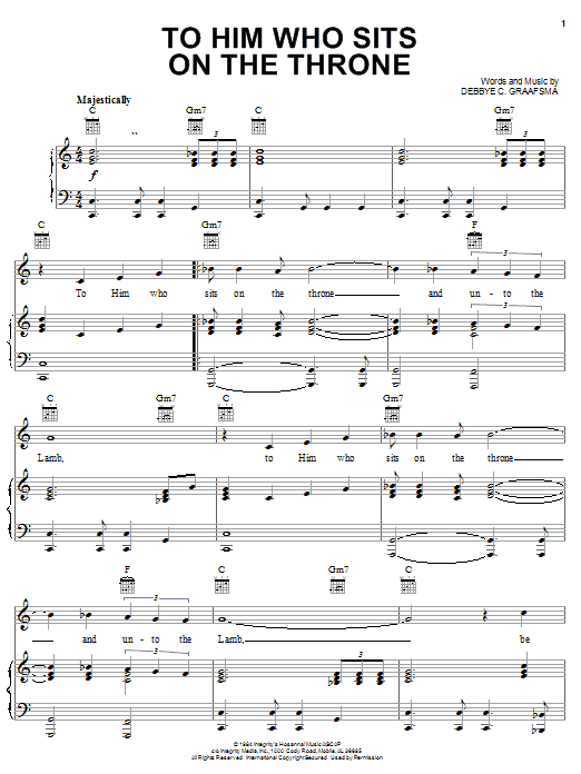 Preview Debbye C. Graafsma To Him Who Sits On The Throne Religious sheet music, notes and chords for Piano, Vocal & Guitar (Right-Hand Melody), SKU: 23950 sheet music, piano notes, chords, guitar tabs, score, transpose, transcribe, how to play, guide, download, learn, tutorial, progression, song, artist, awards, billboard, mtv, vh1, tour, single, album, release