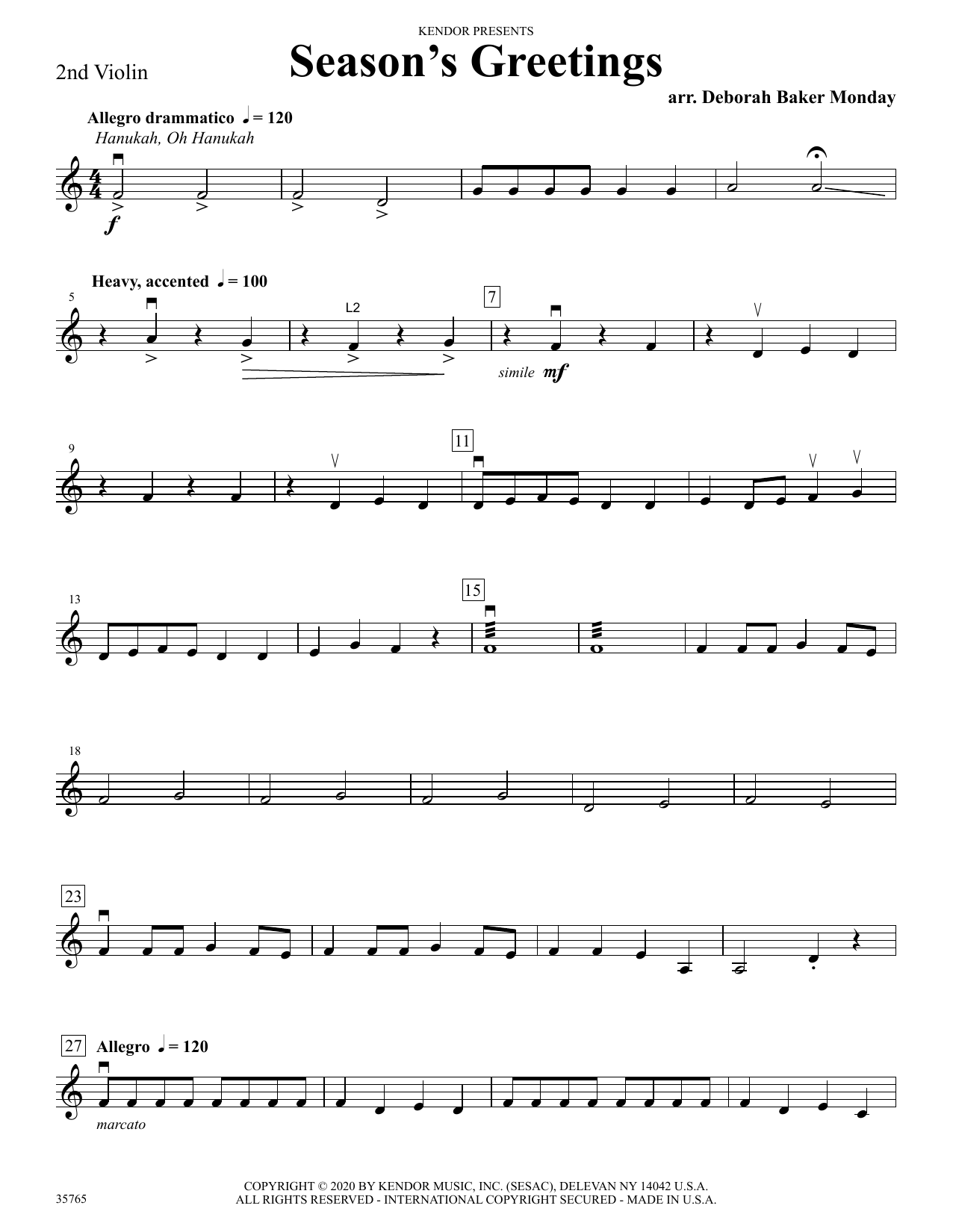 Download Deborah Baker Monday Season's Greetings - 2nd Violin sheet music and printable PDF score & Holiday music notes