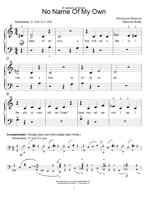 Preview Deborah Brady No Name Of My Own Children sheet music, notes and chords for Educational Piano, SKU: 62910 Download Deborah Brady No Name Of My Own sheet music and printable PDF score & Children music notes