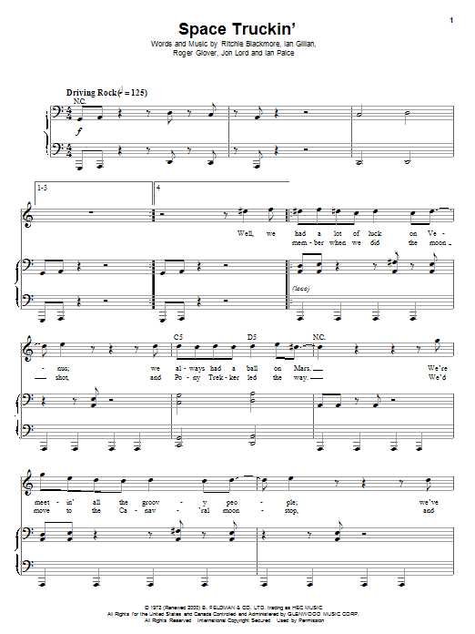 Preview Deep Purple Space Truckin' Pop sheet music, notes and chords for Piano & Vocal, SKU: 62902 Download Deep Purple Space Truckin' sheet music and printable PDF score & Pop music notes