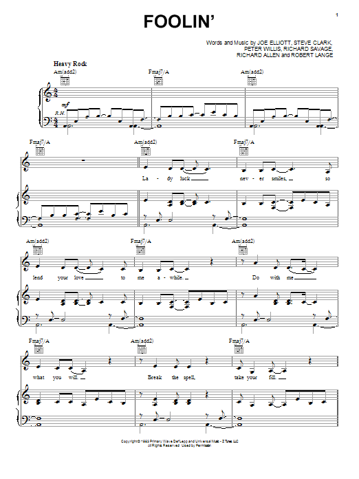 Download Def Leppard Foolin' sheet music and printable PDF score & Pop music notes