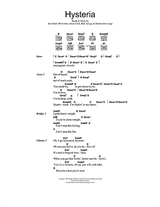 Preview Def Leppard Hysteria Rock sheet music, notes and chords for Lyrics & Chords, SKU: 48129 Download Def Leppard Hysteria sheet music and printable PDF score & Rock music notes