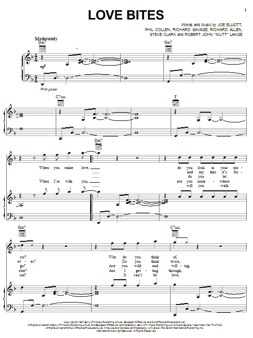 Preview Def Leppard Love Bites Pop sheet music, notes and chords for Piano, Vocal & Guitar (Right-Hand Melody), SKU: 31323 Download Def Leppard Love Bites sheet music and printable PDF score & Pop music notes