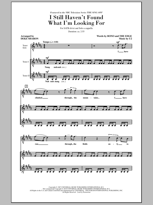 Deke Sharon I Still Haven T Found What I M Looking For From Nbc S The Sing Off Sheet Music Download Printable A Cappella Pdf Satb Choir Score Sku