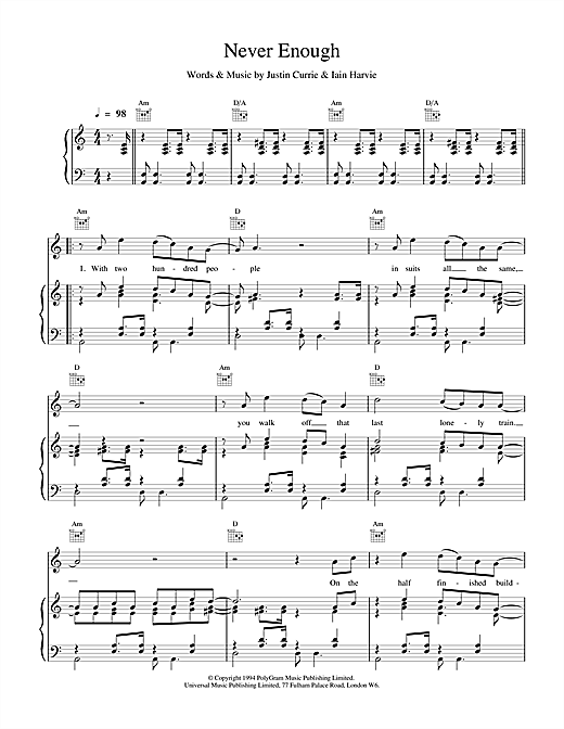 Preview Del Amitri Never Enough Rock sheet music, notes and chords for Piano, Vocal & Guitar (Right-Hand Melody), SKU: 17516 sheet music, piano notes, chords, guitar tabs, score, transpose, transcribe, how to play, guide, download, learn, tutorial, progression, song, artist, awards, billboard, mtv, vh1, tour, single, album, release