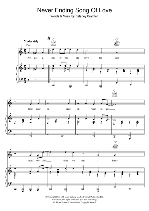 Preview Delaney & Bonnie Never Ending Song Of Love Easy Listening sheet music, notes and chords for Piano, Vocal & Guitar (Right-Hand Melody), SKU: 121009 sheet music, piano notes, chords, guitar tabs, score, transpose, transcribe, how to play, guide, download, learn, tutorial, progression, song, artist, awards, billboard, mtv, vh1, tour, single, album, release