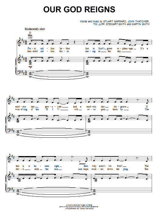 Preview Delirious? Our God Reigns Pop sheet music, notes and chords for Piano, Vocal & Guitar (Right-Hand Melody), SKU: 65834 sheet music, piano notes, chords, guitar tabs, score, transpose, transcribe, how to play, guide, download, learn, tutorial, progression, song, artist, awards, billboard, mtv, vh1, tour, single, album, release