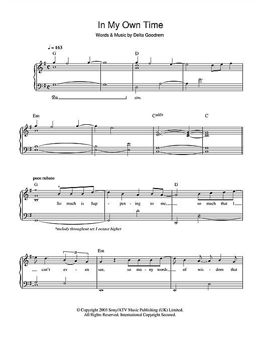 Download Delta Goodrem In My Own Time sheet music and printable PDF score & Australian music notes