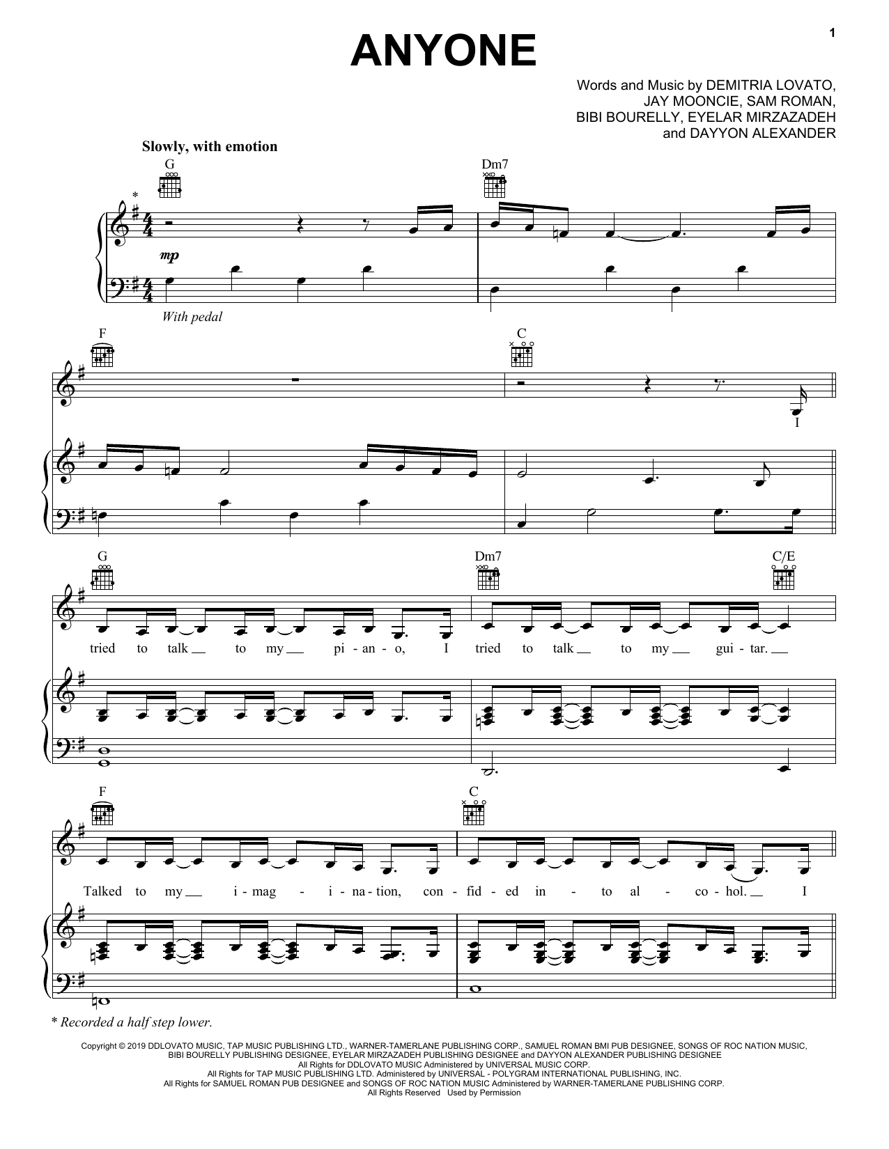 Preview Demi Lovato Anyone Pop sheet music, notes and chords for Piano, Vocal & Guitar (Right-Hand Melody), SKU: 439302 sheet music, piano notes, chords, guitar tabs, score, transpose, transcribe, how to play, guide, download, learn, tutorial, progression, song, artist, awards, billboard, mtv, vh1, tour, single, album, release